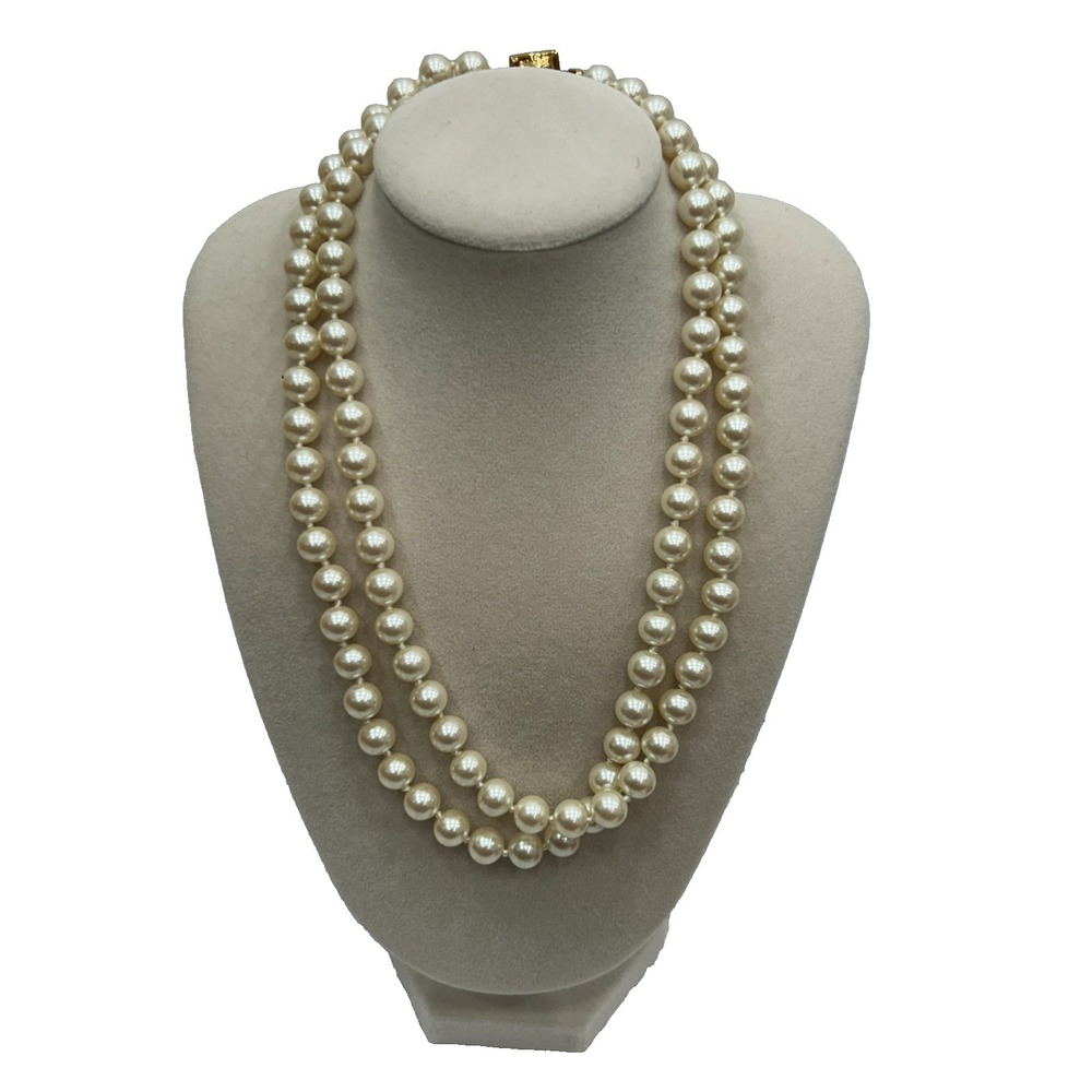 Vtg Double Strand Knotted 12 Gauge Faux Pearl Necklace 16" Gold Tone Box‎ Clasp